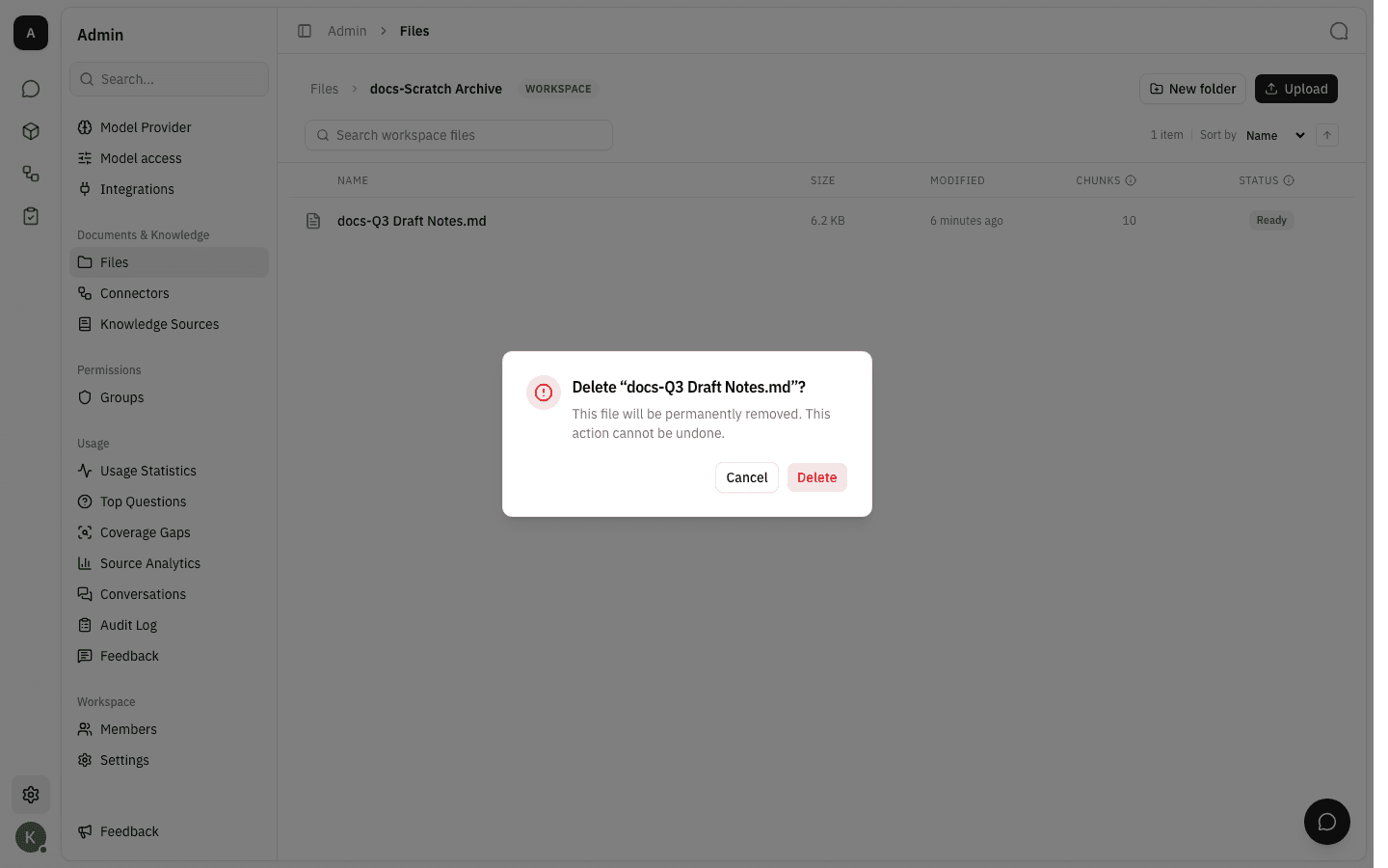 Confirmation dialog asking to delete a Markdown file, warning the action cannot be undone