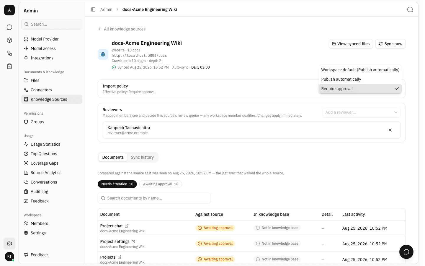 The per-source import policy options on the settings page