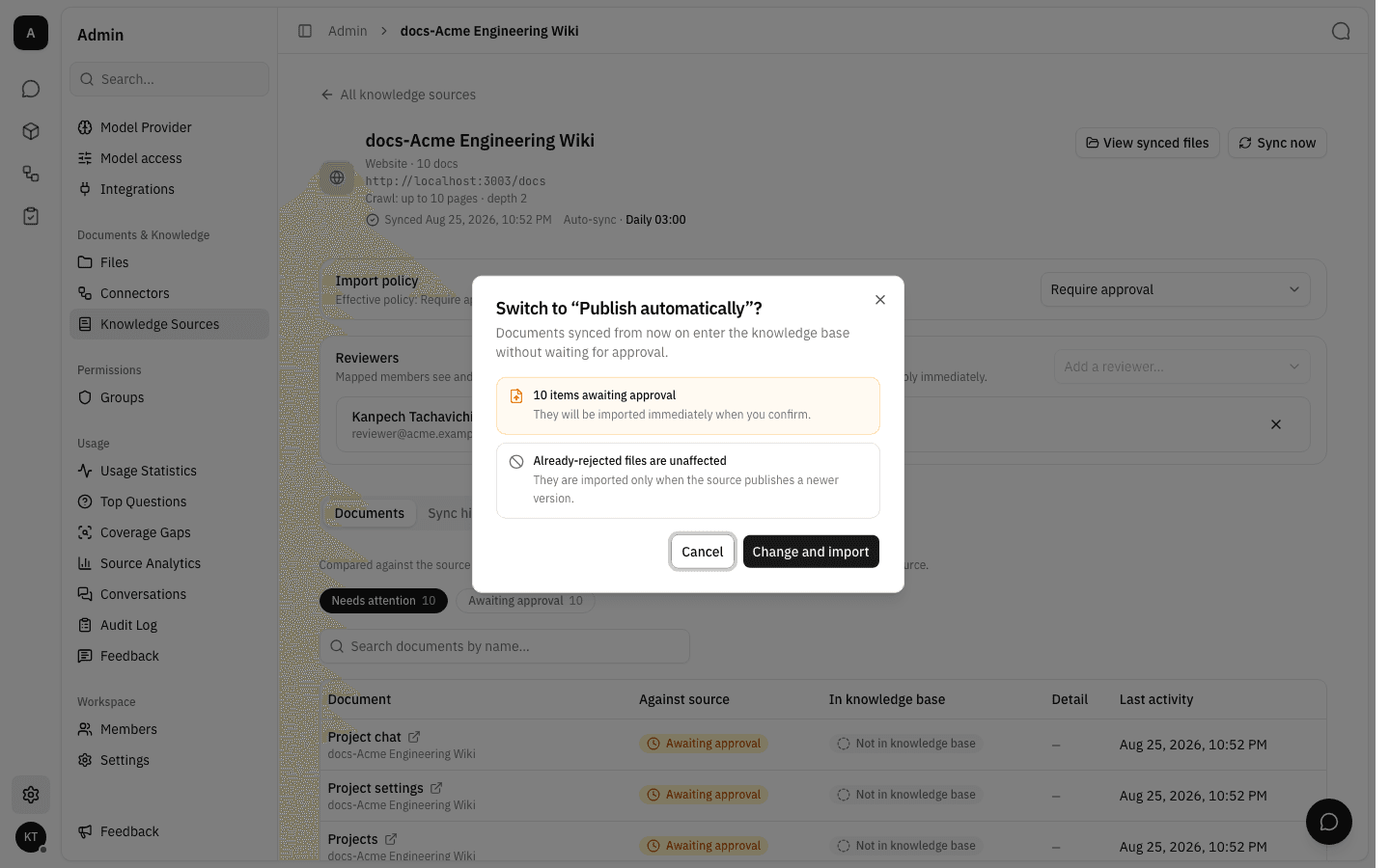 The confirmation dialog before switching to Publish automatically