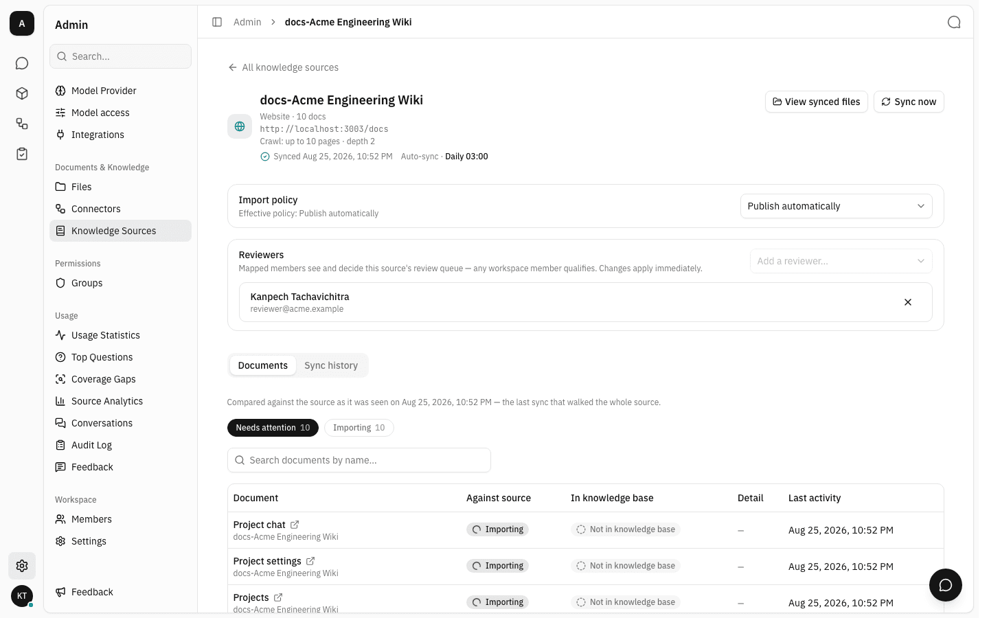 The settings page after the import policy changed to Publish automatically