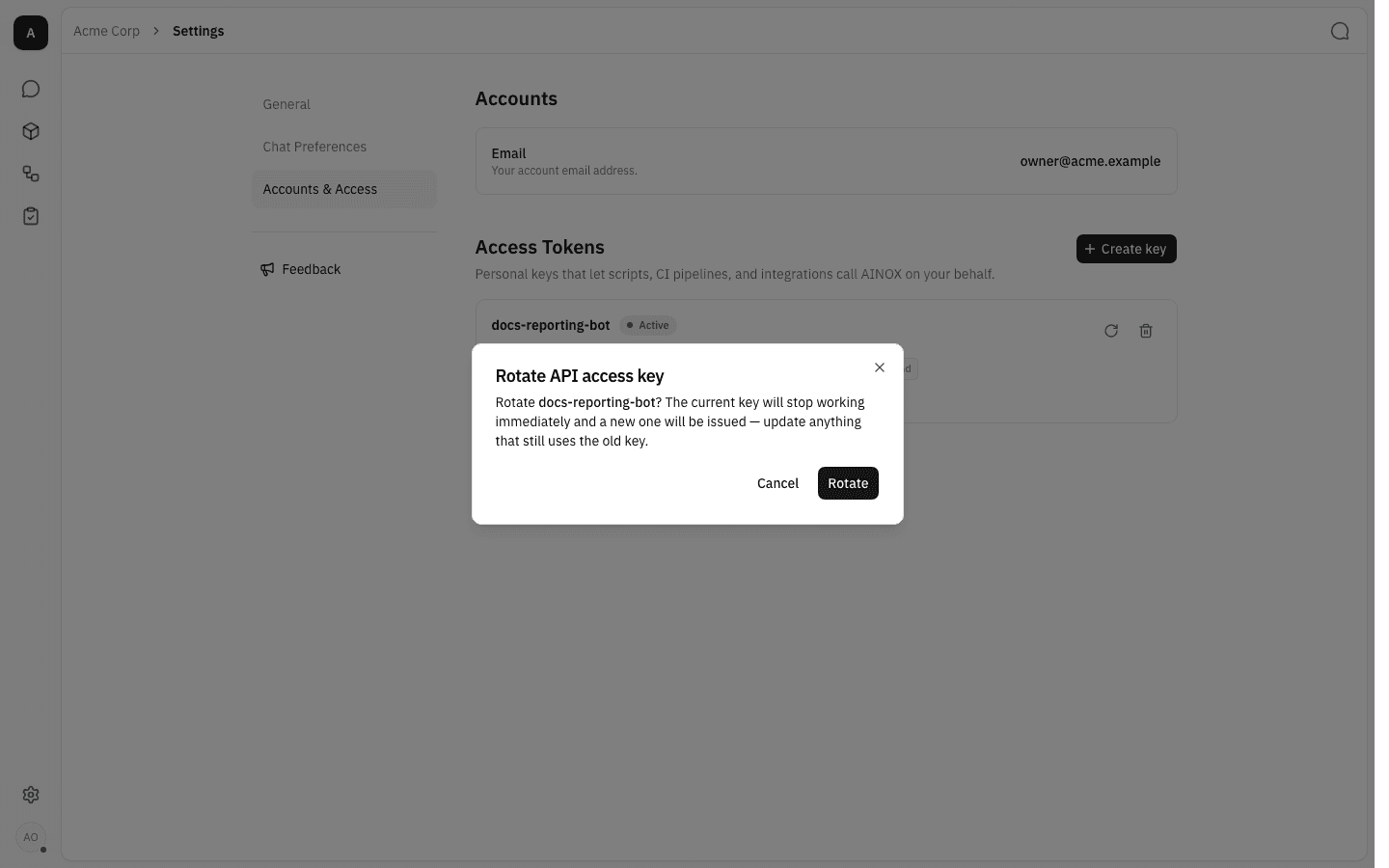 Rotate API access key confirmation dialog