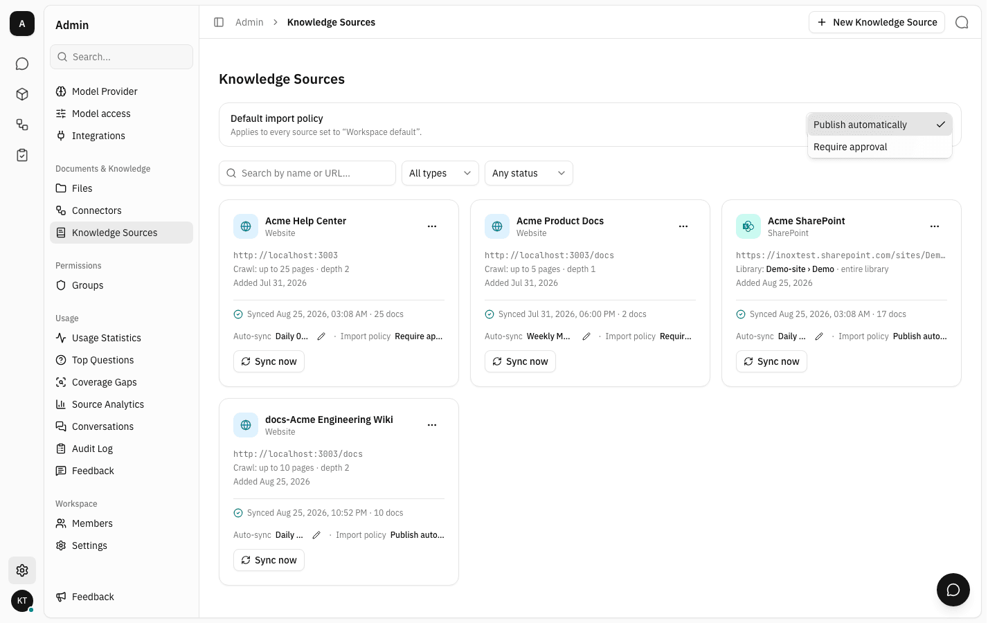 The workspace default import policy options
