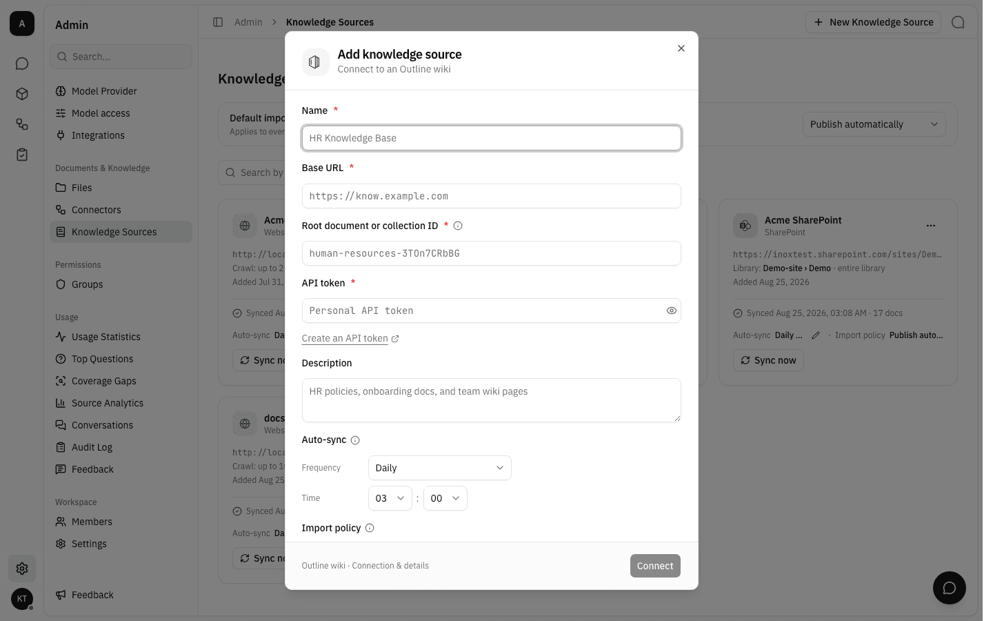 The Add knowledge source form for an Outline wiki