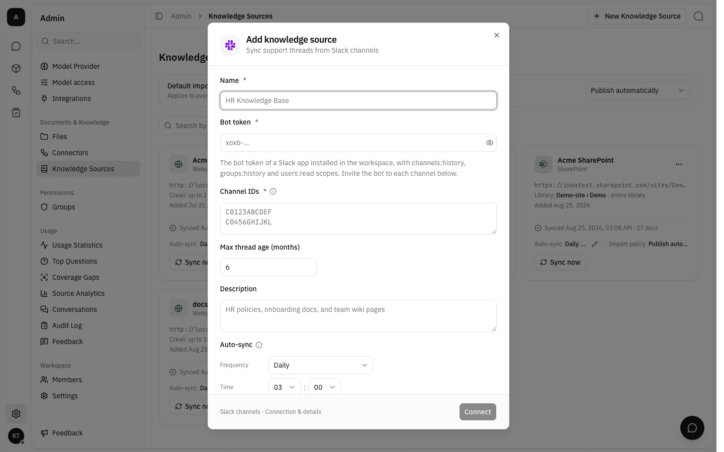 The Add knowledge source form for Slack channels