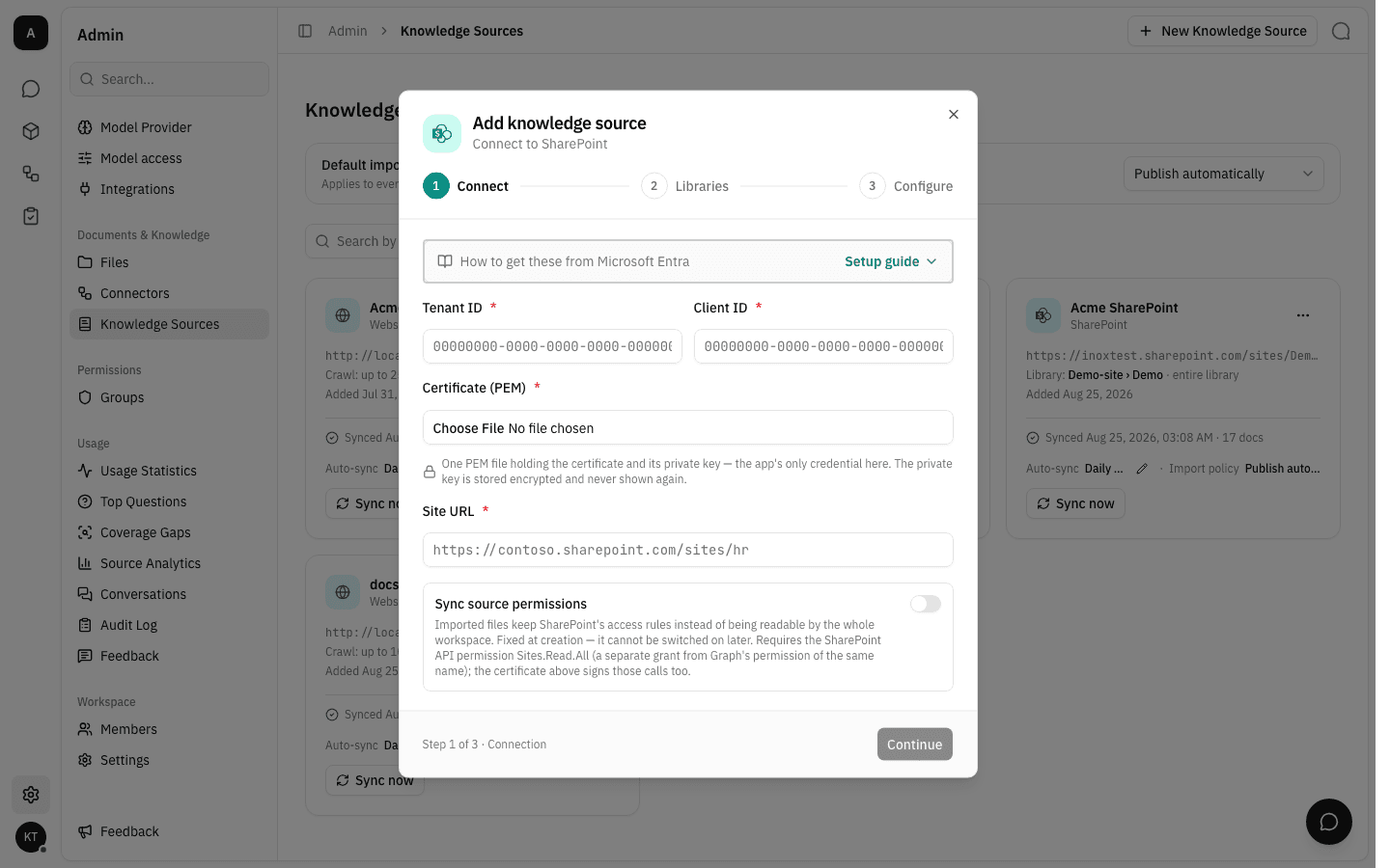Step 1 of the SharePoint wizard asking for the Entra app registration details and a certificate