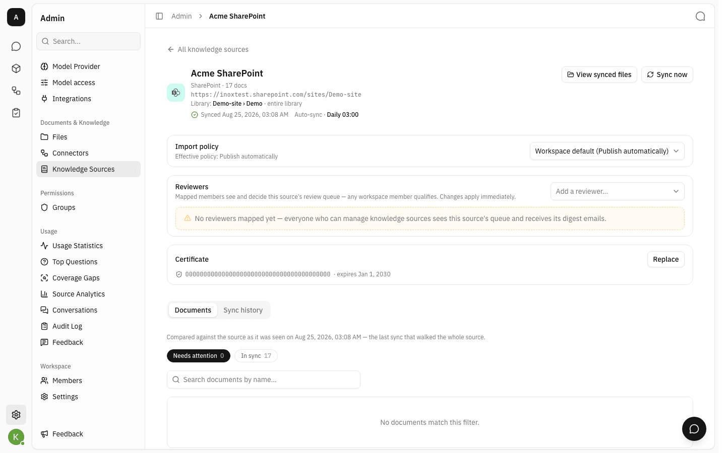 The Certificate card on a SharePoint source's settings page