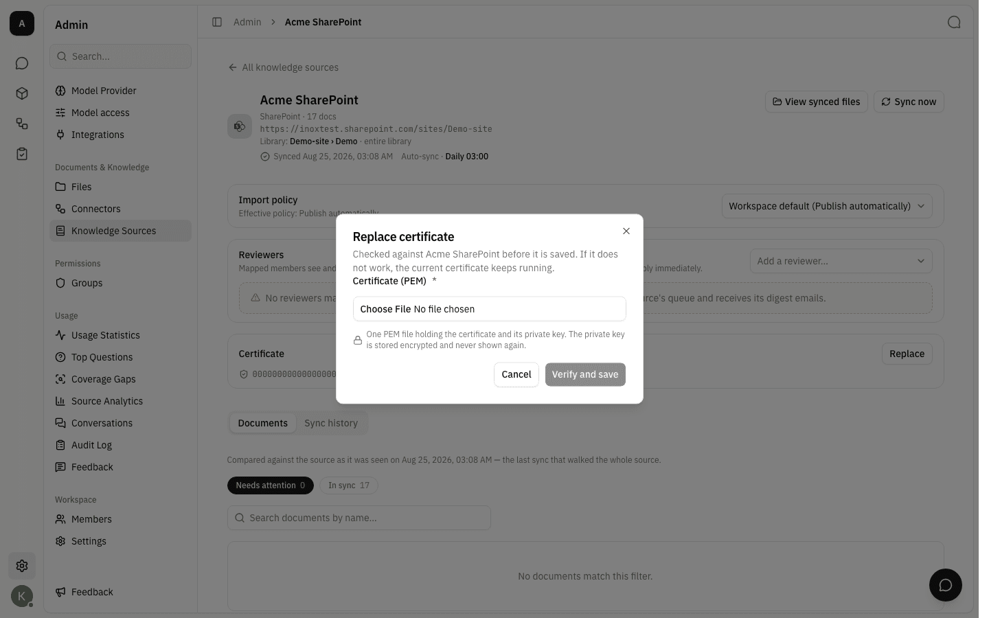 The Replace certificate dialog with a file picker