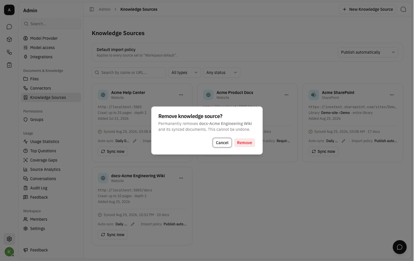 The Remove knowledge source confirmation dialog