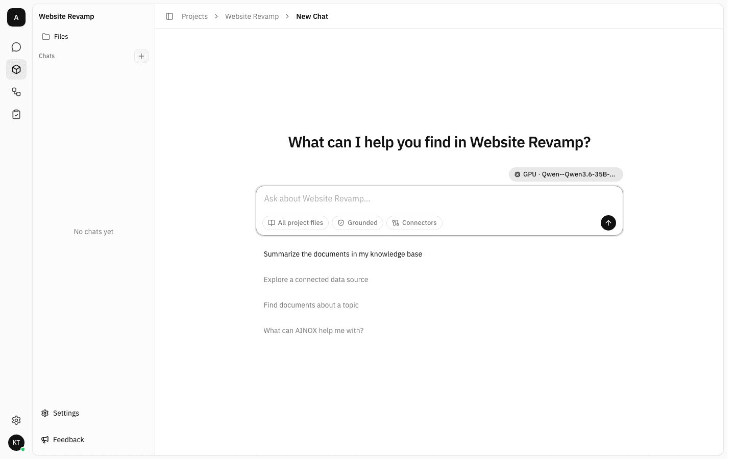 Website Revamp project open on its chat page, headed "What can I help you find in Website Revamp?", with a Files link and an empty Chats section reading "No chats yet" in the project sidebar