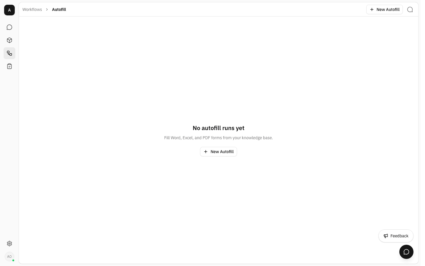 Empty Autofill runs page reading "No autofill runs yet" above a New Autofill button