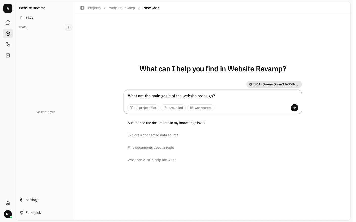 Message box containing the question "What are the main goals of the website redesign?"