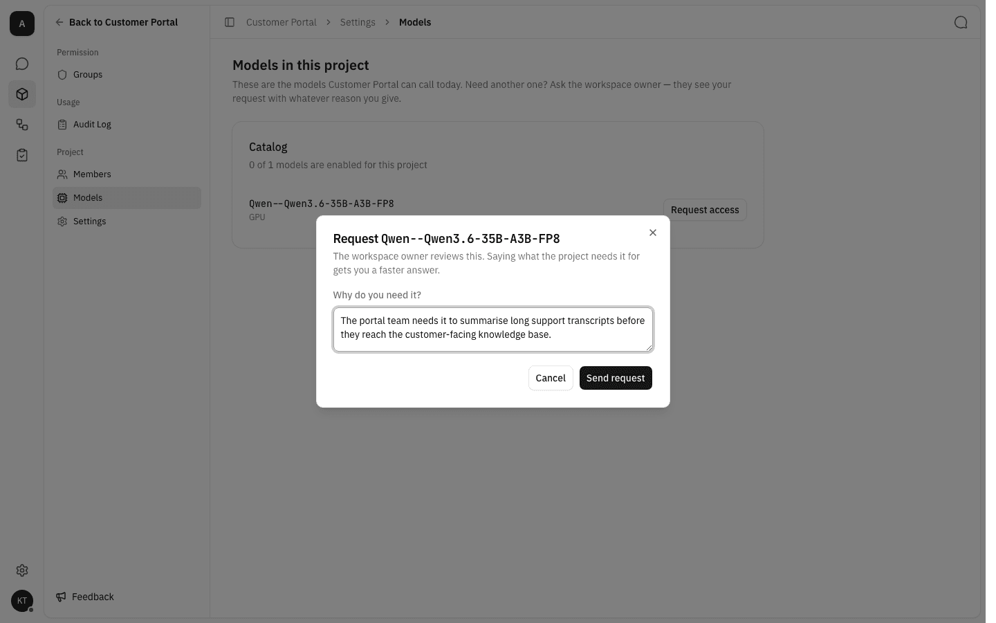 The request dialog with a reason typed in