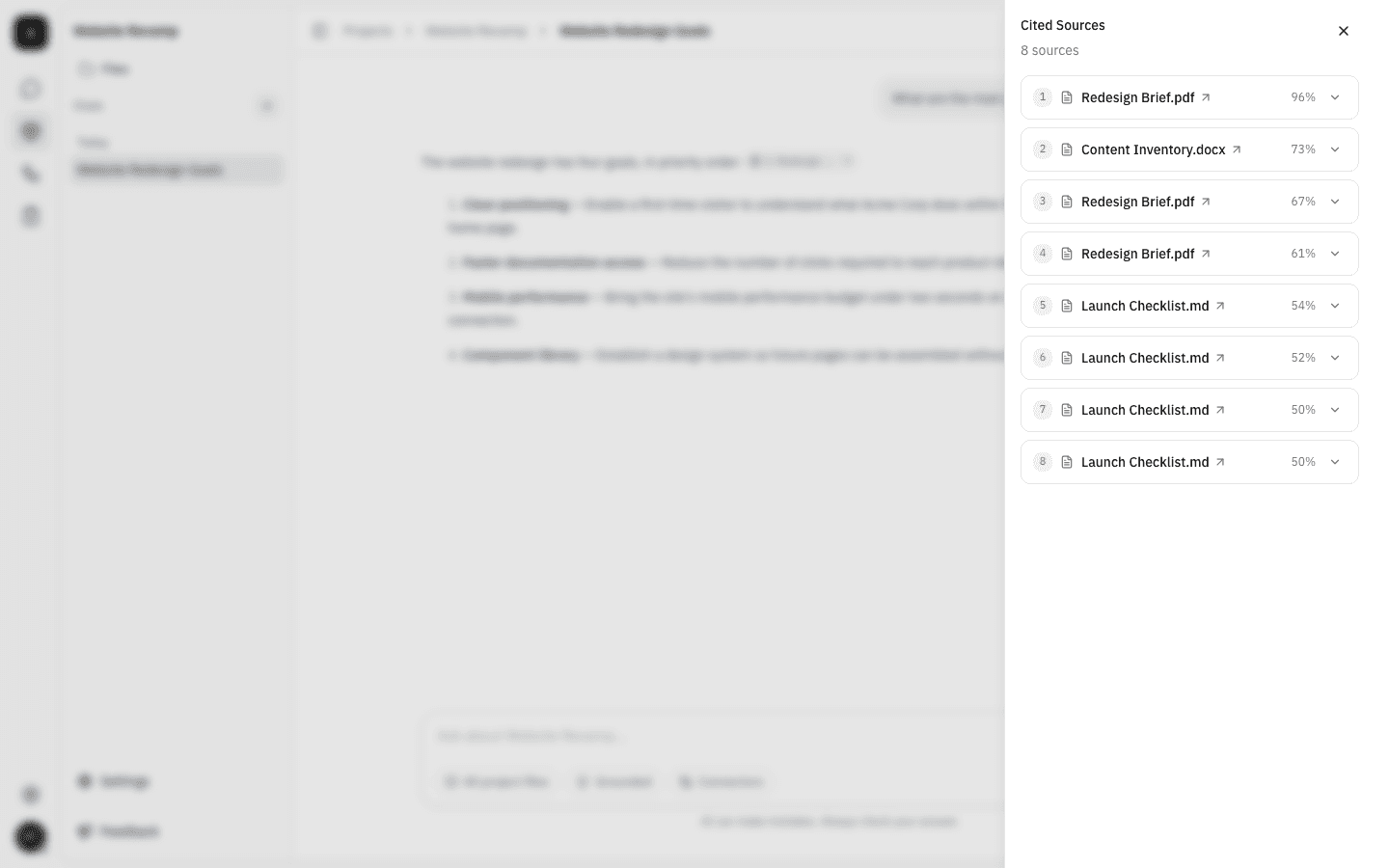 Cited Sources panel listing eight sources, all of them Redesign Brief.pdf, Content Inventory.docx and Launch Checklist.md from the Website Revamp project