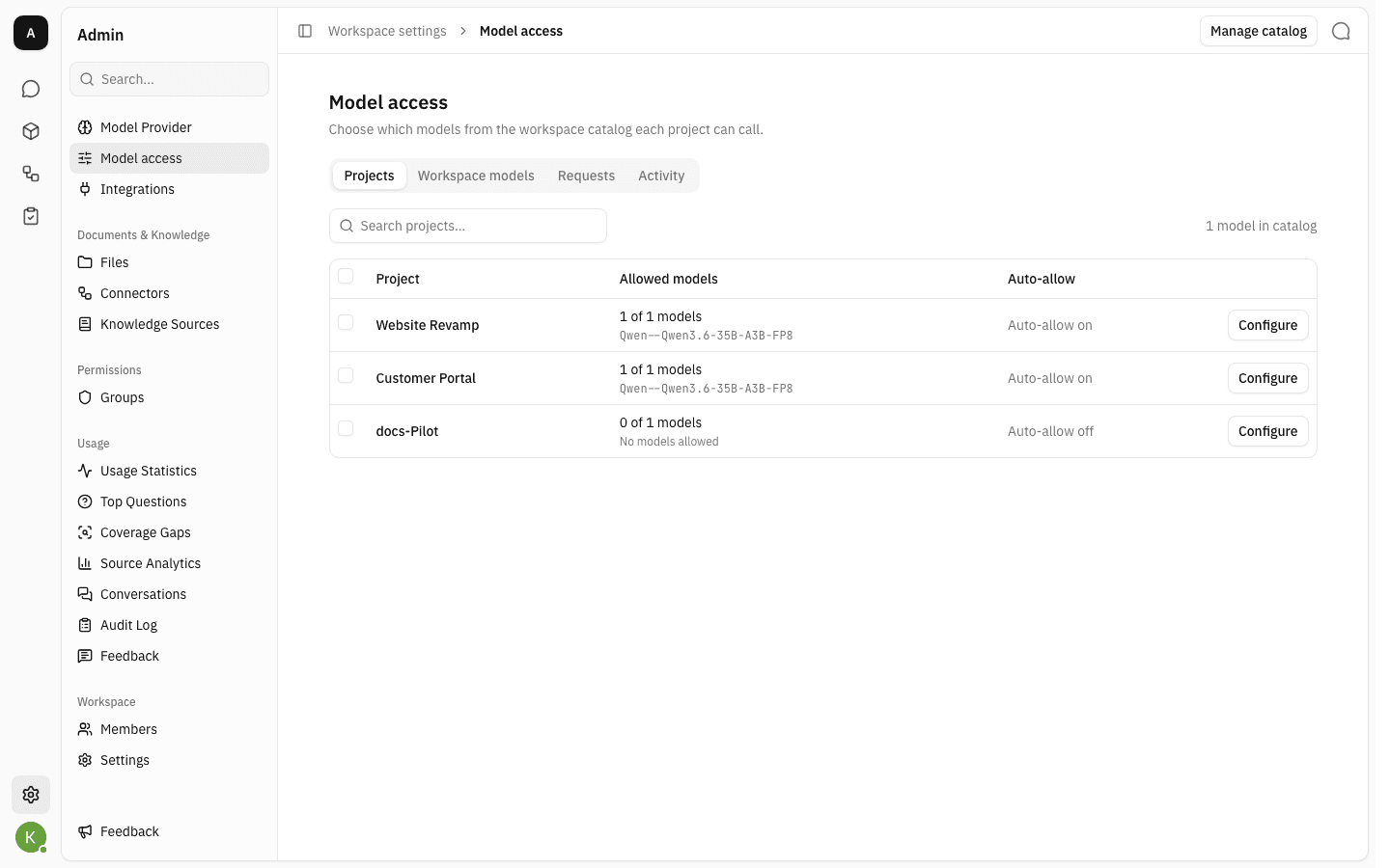 Projects tab showing one project at 0 of 1 models with "No models allowed"