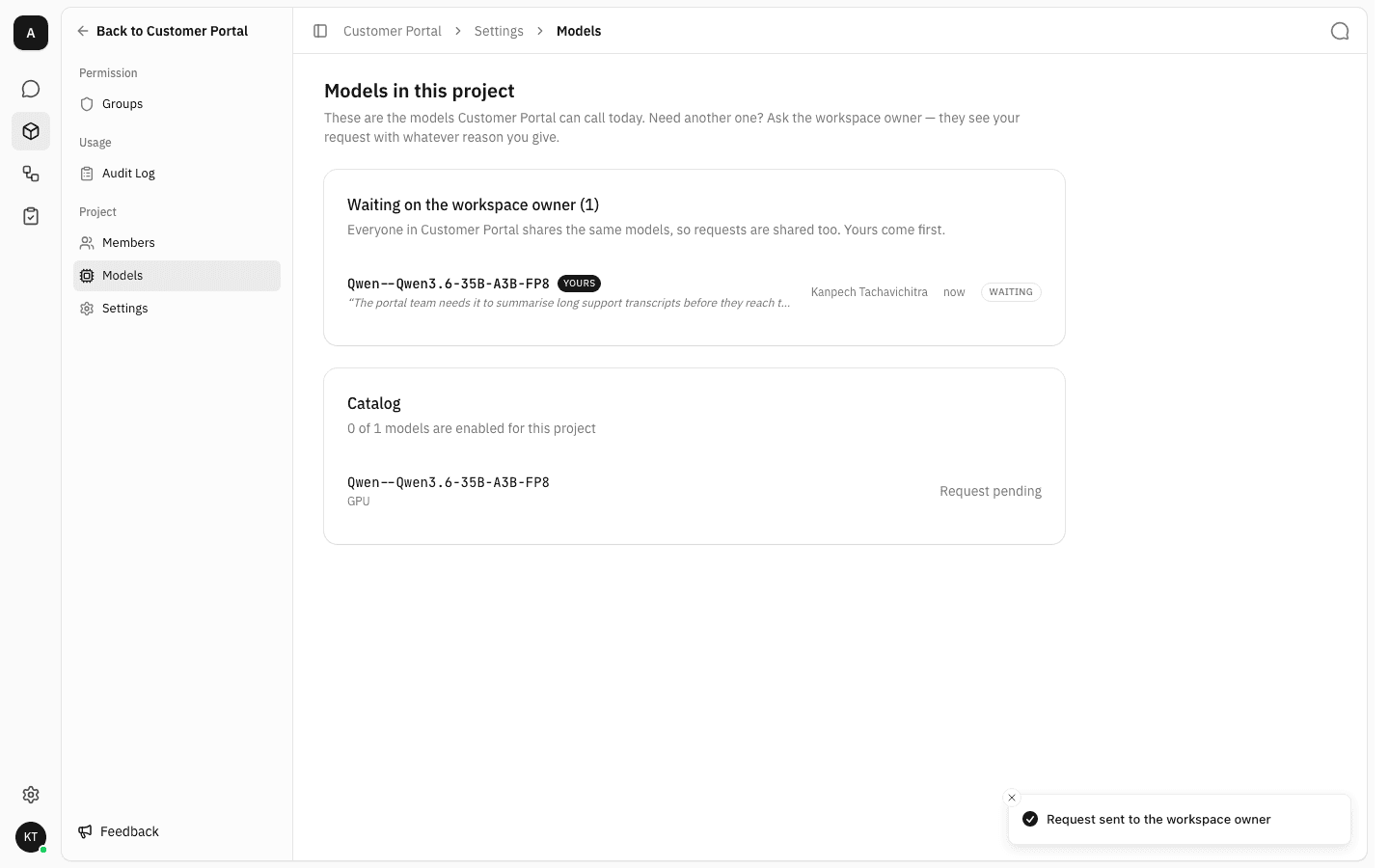 The Models page after sending, showing the waiting card and a row marked "Request pending"