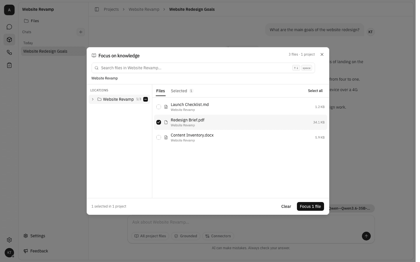 Focus on knowledge picker rooted at Website Revamp, listing its three files with Redesign Brief.pdf ticked and a "Focus 1 file" button