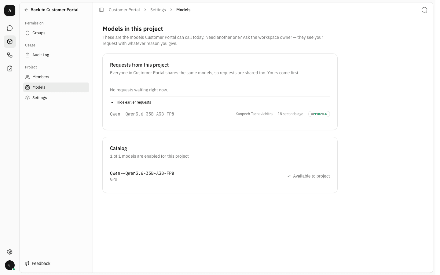 The Models page after approval: the catalog row is available again and the expanded history shows an approved request