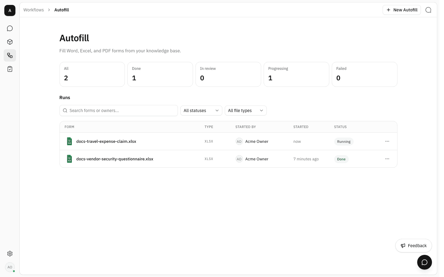 Autofill runs page with tiles reading All 2, Done 1, In review 0, Progressing 1, Failed 0, above a table whose two rows are docs-travel-expense-claim.xlsx marked Running and docs-vendor-security-questionnaire.xlsx marked Done