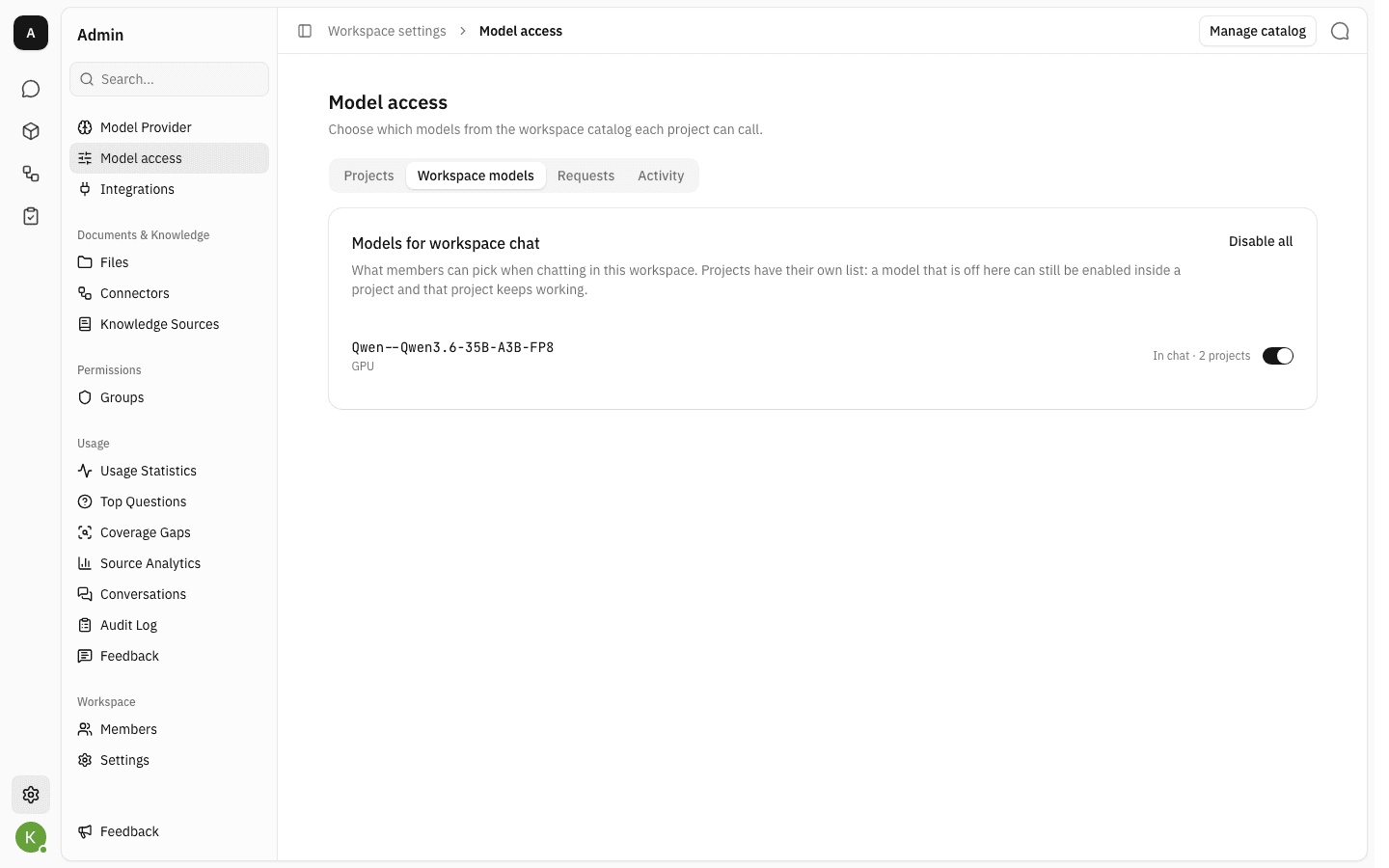 Workspace models tab with one model switched on for workspace chat