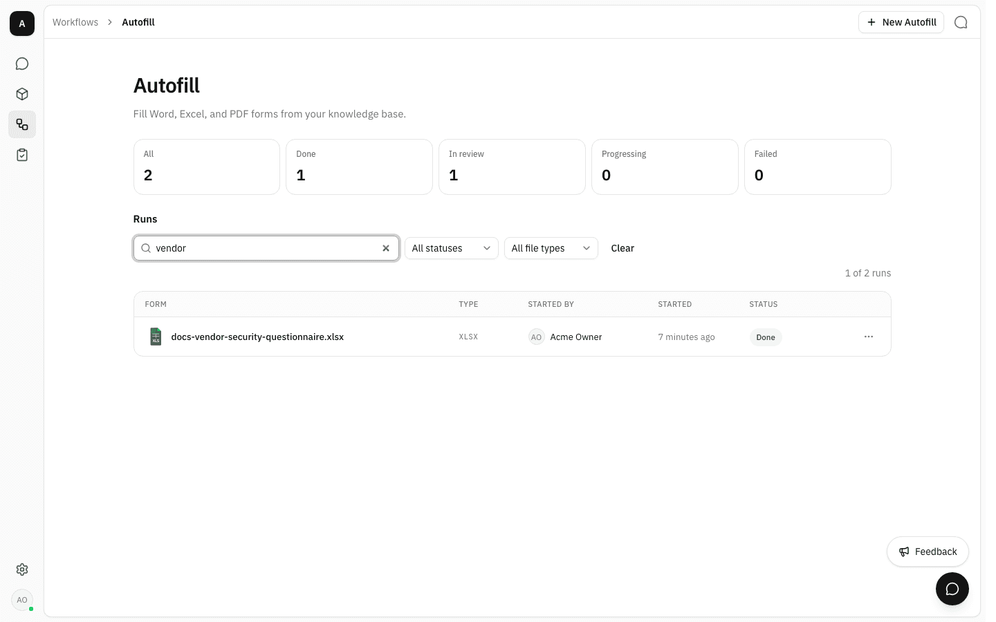 The runs table filtered by the search term "vendor", showing "1 of 2 runs" above a single row and a Clear button beside the filters