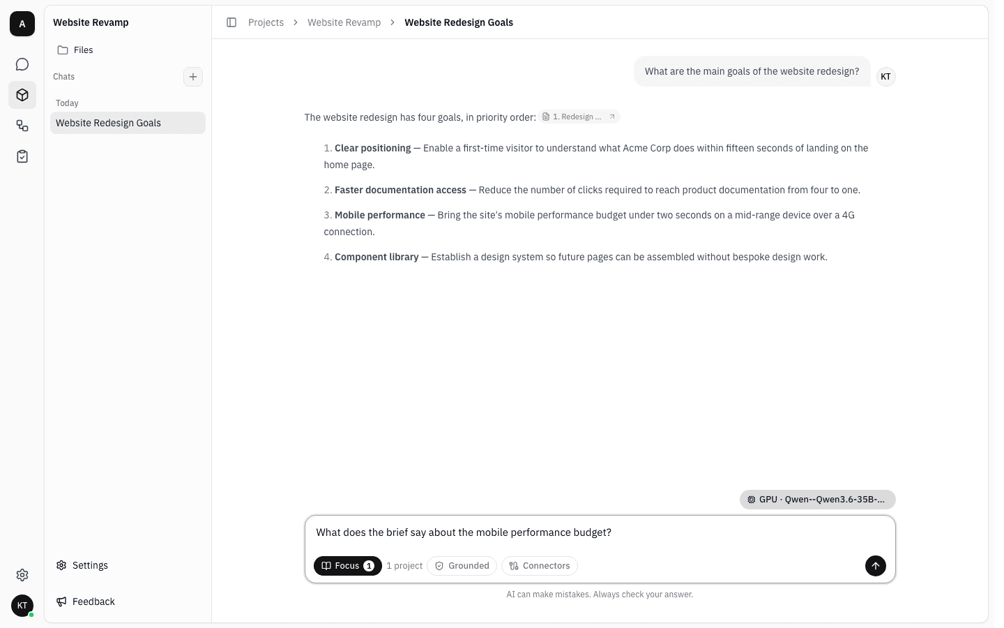 Message box with a dark Focus 1 chip and a follow-up question typed about the mobile performance budget