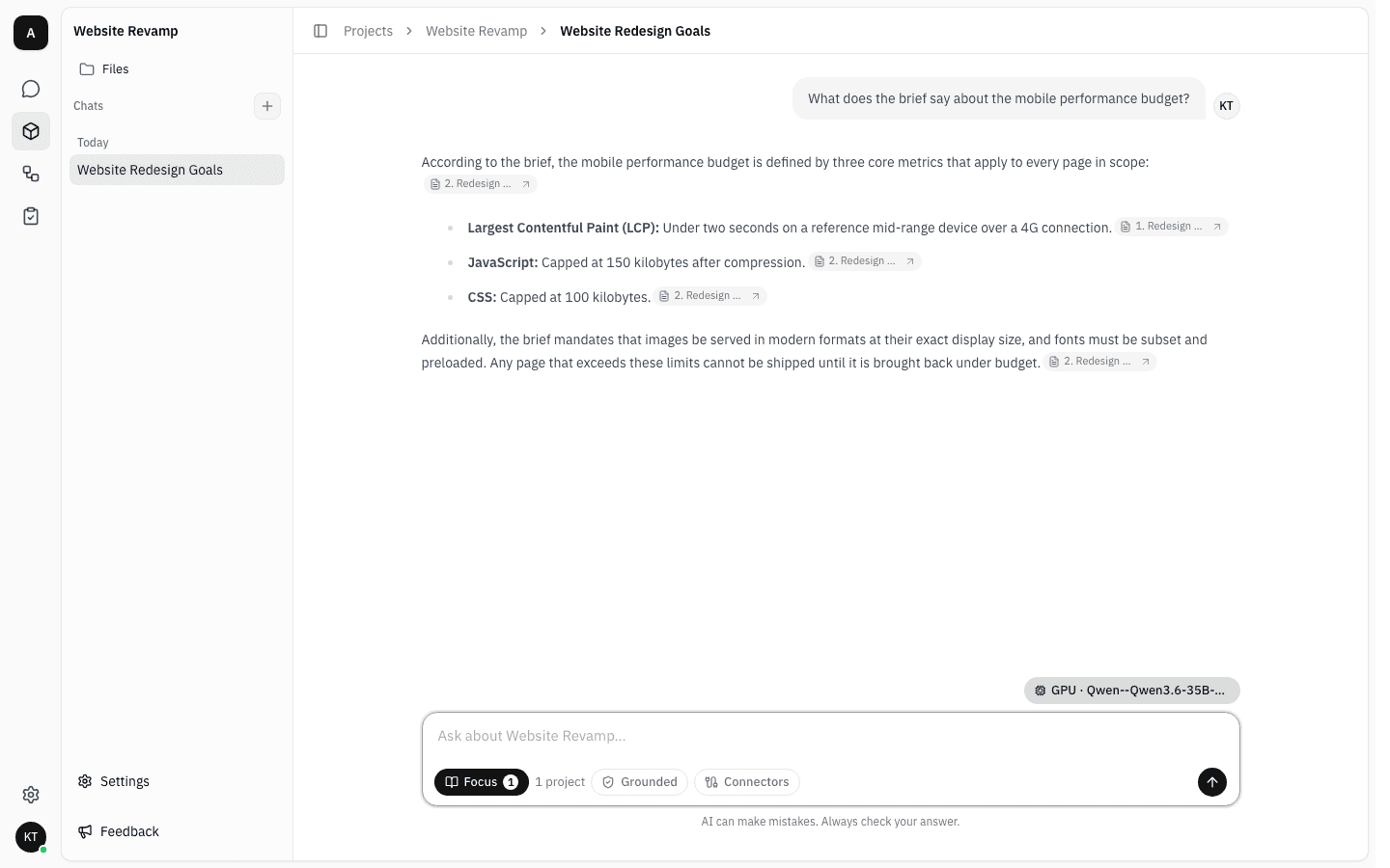 Answer about the mobile performance budget with every citation pointing at Redesign Brief.pdf