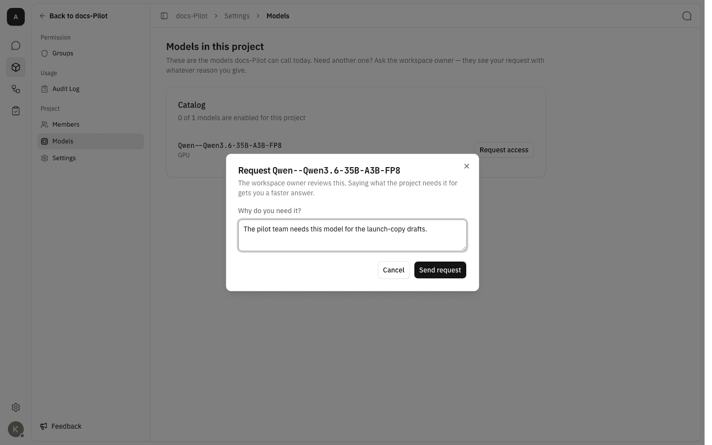 Request dialog on a project's Models page with a reason typed in