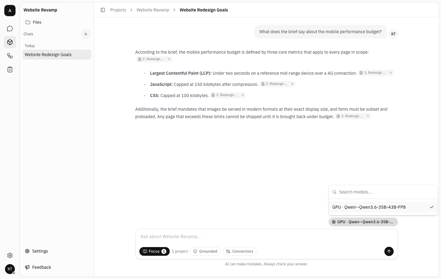Model picker open over the project chat, with a search box and one enabled model ticked