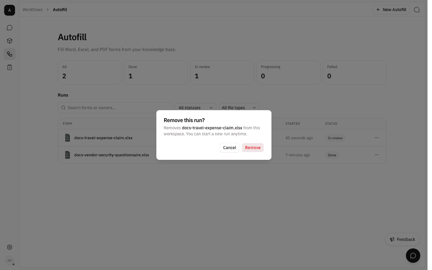 Confirmation dialog headed "Remove this run?" reading "Removes docs-travel-expense-claim.xlsx from this workspace. You can start a new run anytime." with Cancel and Remove buttons