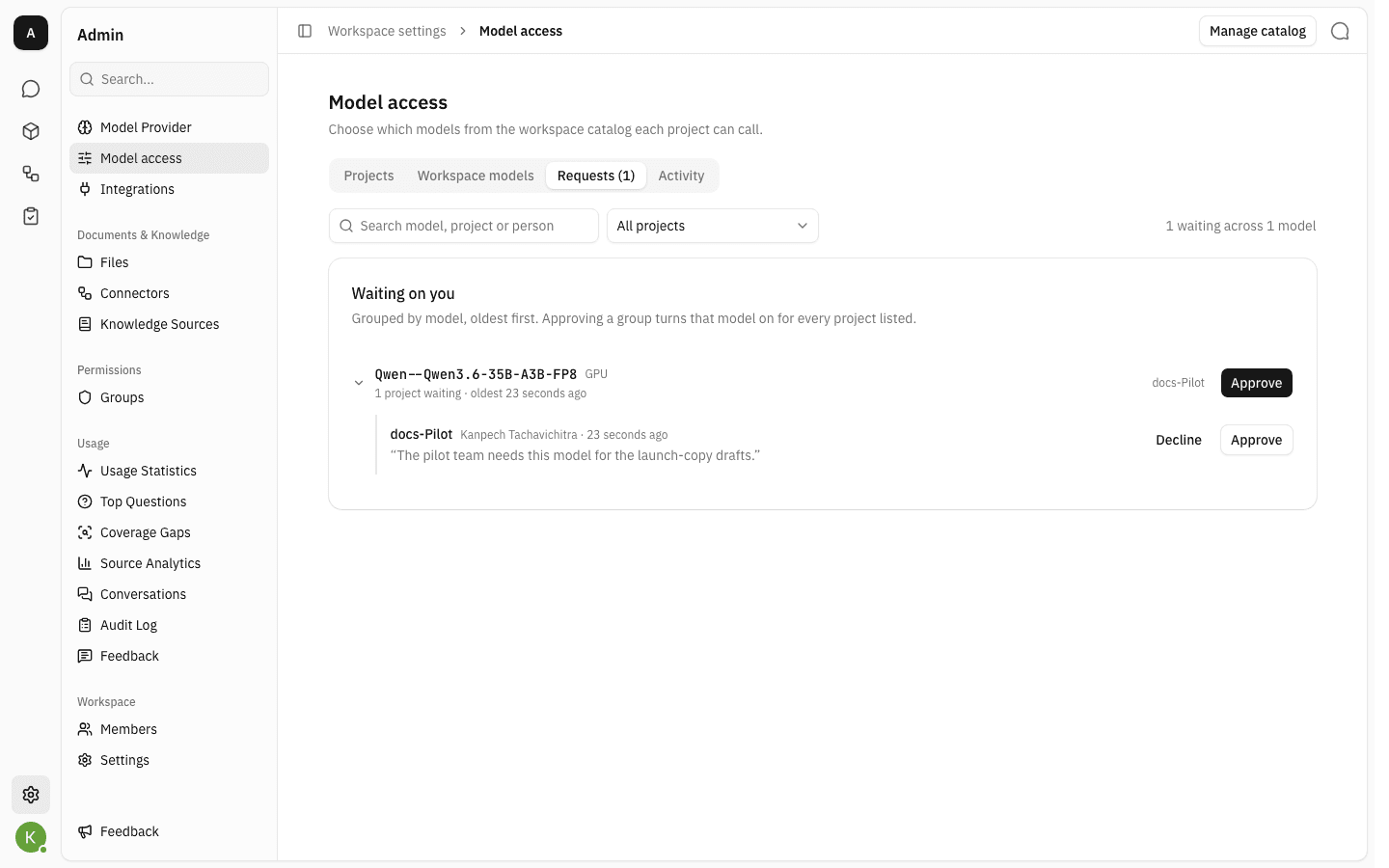 Requests tab with one pending request expanded, showing the project, requester and reason