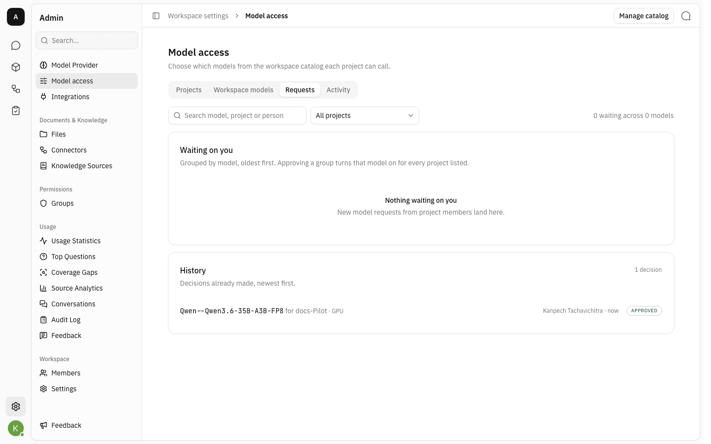 Requests tab after approval, with the decision listed under History