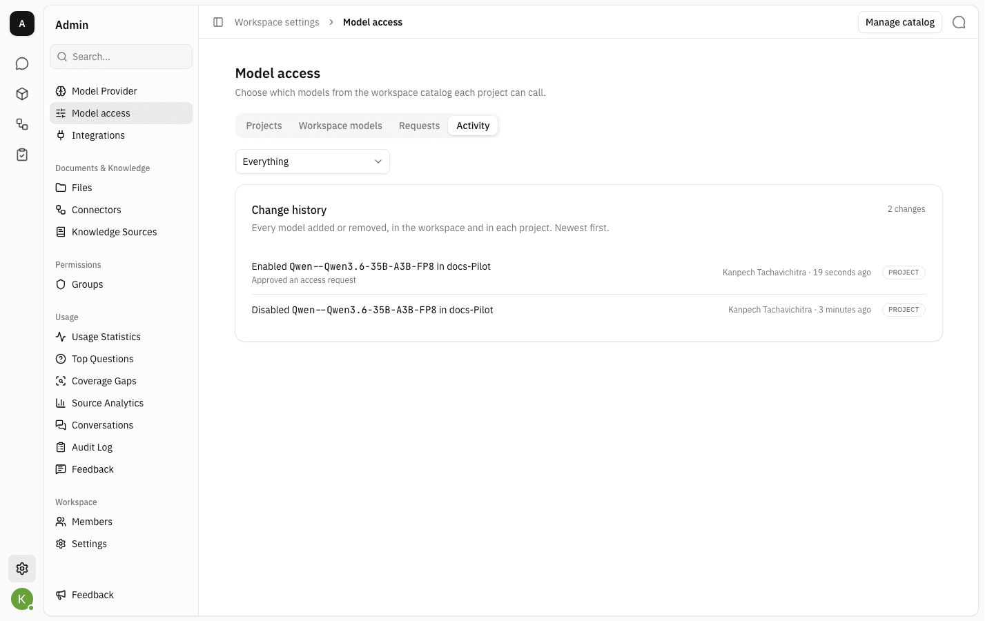 Activity tab listing two changes, one of them created by an approved access request