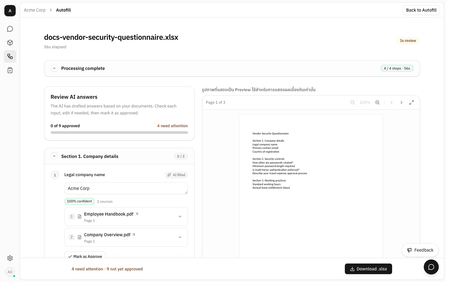 Run page for docs-vendor-security-questionnaire.xlsx marked In review after 56s, with a collapsed "Processing complete — 4 / 4 steps · 56s" bar above a "Review AI answers" panel reading "0 of 9 approved, 4 need attention", and a live preview of the spreadsheet on the right