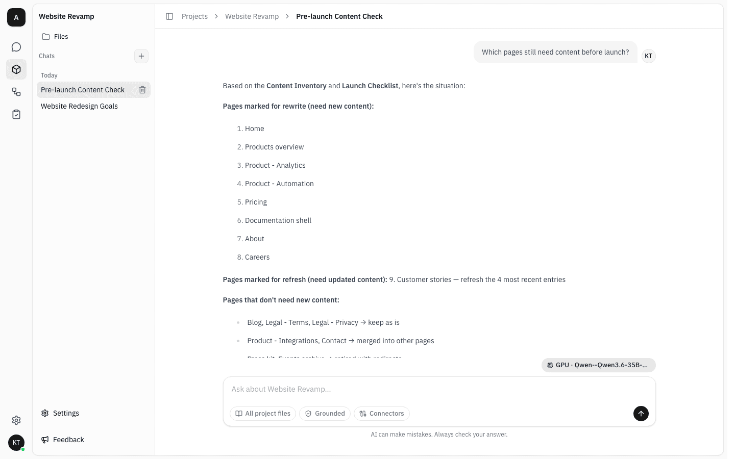 Conversation row hovered in the project sidebar, showing the delete icon at the end of the row