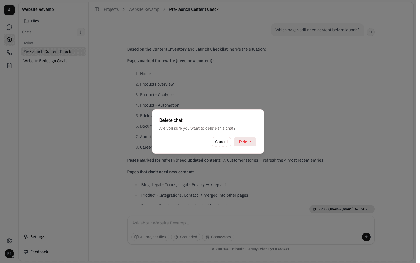 Delete chat dialog asking "Are you sure you want to delete this chat?" with Cancel and Delete