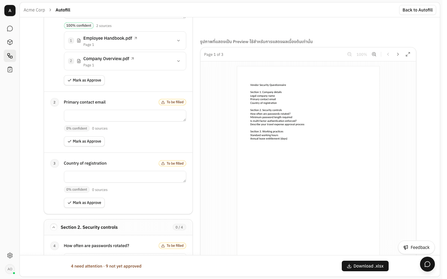 Two questions in a row — Primary contact email and Country of registration — each badged "To be filled" with an empty answer box, above the footer "4 need attention · 9 not yet approved"