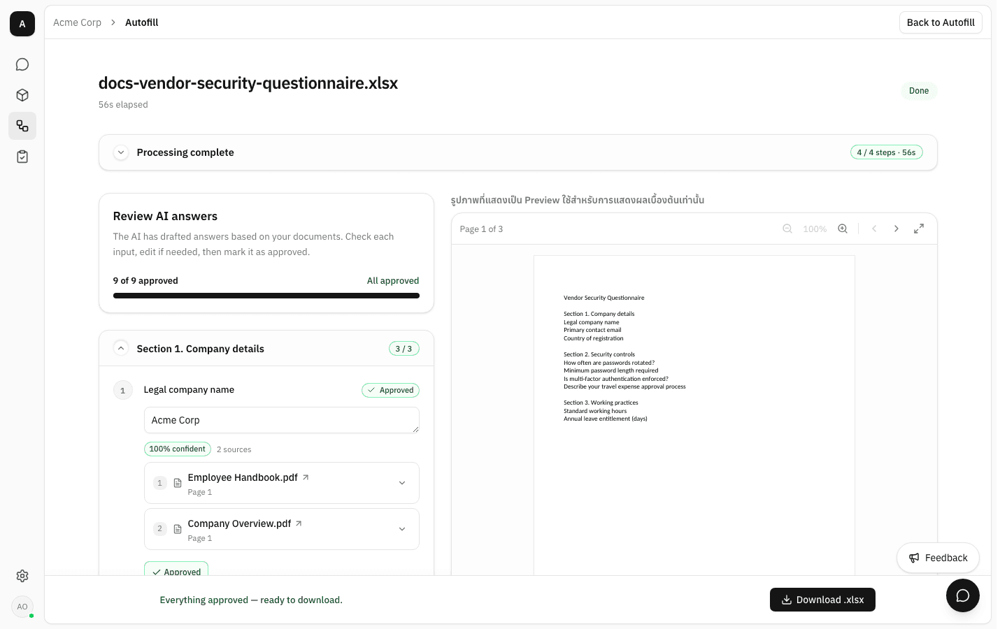 Fully approved run: the panel reads "9 of 9 approved / All approved" with a full progress bar, question 1 badged "Approved", the status pill reading Done, and the footer reading "Everything approved — ready to download."